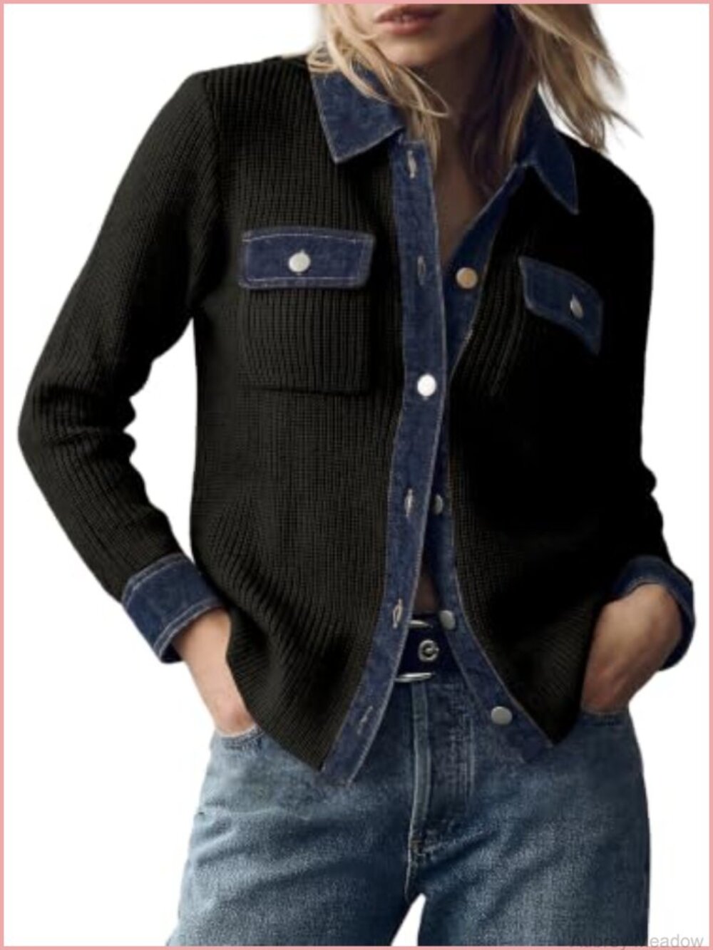 Waffle Knit Denim Trim Button Down Cardigan Sweater Oversized